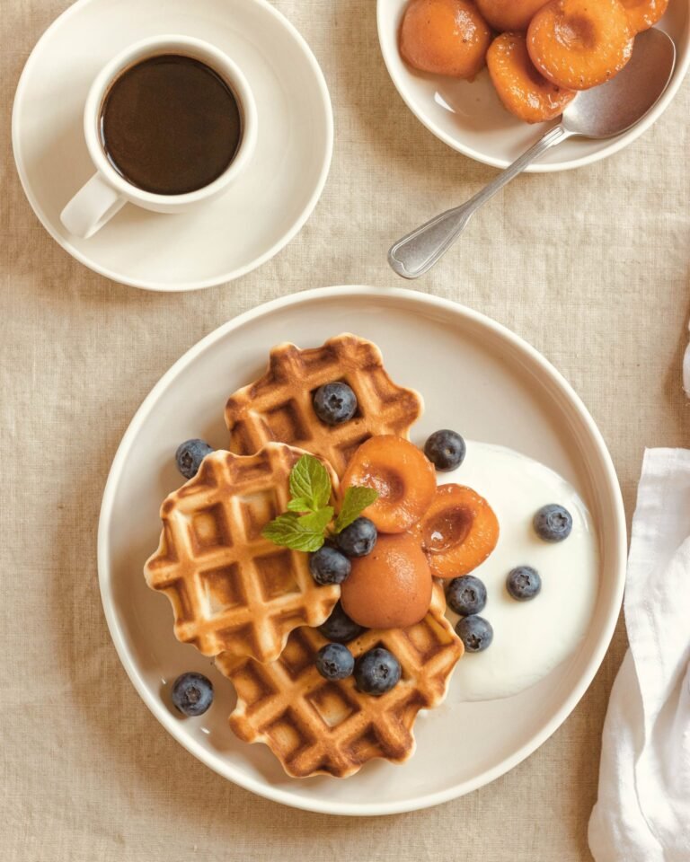 Golden Waffles with Caramelized Peaches
